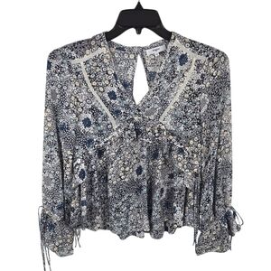 {Suncoo Paris} Blue Floral Print Blouse with Tassle Details - Size XS